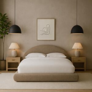 Round Bed – Washable Cover - Soft Upholstered Linen - Minimalist Modern - Half Circle Moon - Sold Separately (Waterproof Taupe Linen, Queen Headboard)