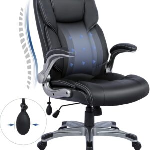 High Back Executive Office Chair- Ergonomic Home Computer Desk Leather Chair with Padded Flip-up Arms, Adjustable Tilt Lock, Swivel Rolling Chair for Adult Working Study-Black