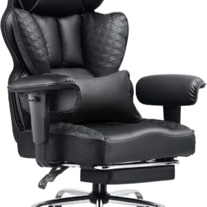 Big and Tall Office Chair 400LBS Wide Ergonomic Gaming Chair with Deluxe Embossing Designed Leather with Foot Rest,150°Reclining Adjustable Armrests Pocket Spring Back Support and Pillow
