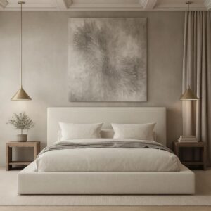 Square Bed – Washable Cover - Soft Upholstered Linen - Minimalist Modern - Sold Separately (Waterproof Cream Linen, Queen Headboard)