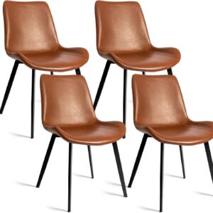 Dining Chairs Set of 4 , Faux Leather Brown Cushion Seat , Upholstered Dining Accent Side Chairs with Comfy Back and Sturdy Black Metal Legs for Living , Restaurant & Meeting Room , Brown