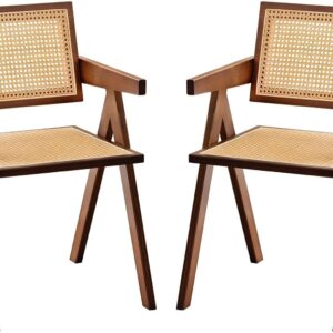 Rattan Accent Chairs, Modern Mid Century Dining Chairs Set of 2, Comfy Armchairs, Outdoor Rattan Chairs with Armrest for Bedroom Living Room Reading Room Dining Kitchen, Brown