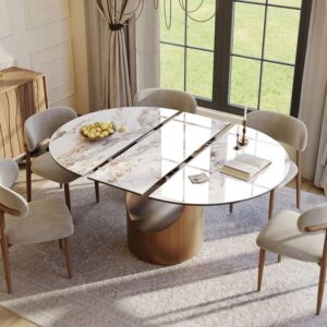 Modern Extendable Dining Table for 4-6, 47" to 63" Round to Oval Sintered Stone Kitchen Table with Carbon Steel Base, Mid-Century Dinner Tables for Dining Room, （Table Only）