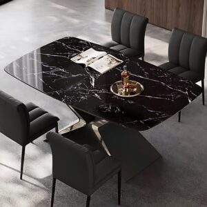 55.11IN Dining Table - Marble Dining Table with Unique Textured Countertops(Thickened Rectangular) & Metal Geometric Base|Modern Luxury Style, Bump Proof Rounded Corners