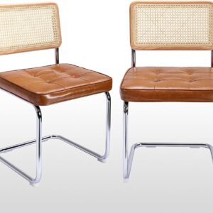 Mid-Century Modern Dining Chairs, Upholstered Tufted Faux Leather Accent Chairs Rattan Dining Chairs Set of 2, Armless Mesh Back Cane Chairs with Metal Chrome Legs, Brown