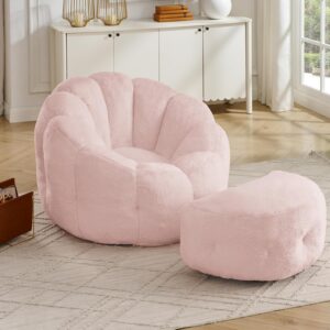 Flower Bean Bag Chair with Ottoman for Adults,Large Beanbag Chair with Artificial Rabbit Fur Fabric,Floor Sofa for Living Room,Reading Room and Apartment. (Pink)