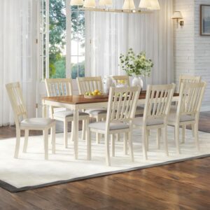9-Piece Farmhouse Solid Wood Dining Table Set with 8 Upholstered Chairs, Roman Conical Legs, Seats up to 8, 79'' Dining Table & Chairs Set for Kitchen and Dining Room, Rustic Cream
