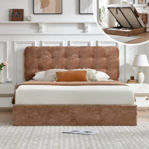 Queen Size Lift-Up Storage Bed, Upholstered Platform Bed with Soft Tufted Headboard, Plush Velvet Fabric, No Box Spring Needed, Camel Brown