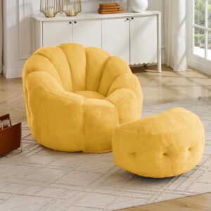 Flower Bean Bag Chair with Ottoman for Adults,Large Beanbag Chair with Artificial Rabbit Fur Fabric,Floor Sofa for Living Room,Reading Room and Apartment. (Yellow)
