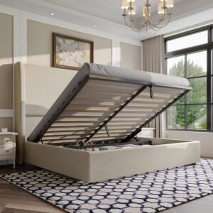 Lift Up Storage Bed Queen Size Linen Upholstered Platform Bed Frame, Hydraulic Storage,Modern Wingback Headboard, No Box Spring Needed, Khaki