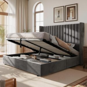Upholstered Queen Size Lift up Storage Bed Frame, Platform Bed Velvet with Channel Tufted Wingback Headboard, No Box Spring Needed, Gray