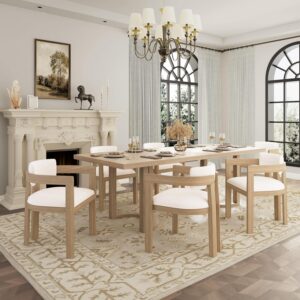 7-Piece Wooden Dining Table Set for 6, Modern Kitchen Table and Chair Set for 6, Contemporary Dining Room Furniture Set with 6 Upholstered Armchairs, Natural Ash+Beige