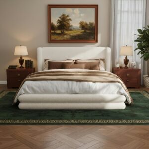 Queen Size Bed Frame with  Upholstered Headboard, 42.5" Wingback Platform Bed Frame with No Box Spring Needed, White Fabric Modern Bedroom Platform Bed