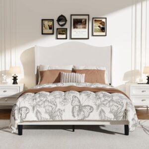 Queen Size Bed Frame Upholstered Platform Bed with Wingback Headboard, 55.5" High Tall Headboard, Soft Fabric Bed Frame with Metal Slats, No Box Spring Needed, Easy Assembly (White, Queen) | 55-inch High Back, Upholstered Winged, Headboard