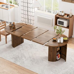 43-95 Inch Long Round Extendable Dining Table for 4-10, Space Saving Oval Large Dinner Kitchen Table with 3 Leaf, 2 Storage, Fluted Mid Century Modern Dining Room Table for Living Room, Walnut