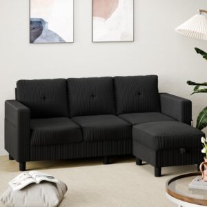 76" Modern Upholstered Sectional Sofa, L-Shaped Couch with Storage Ottoman and Reversible Chaise for Living Room, Black Corduroy Fabric
