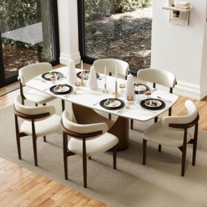 71"  Modern Dining Table for 6-8, Matte White Dining Table Sintered Stone Dining Tabletop with Bronze Carbon Steel Pedestal for Dining Room (Table Only)