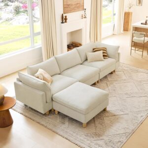 127" Super Large Sectional Couches for Living Room, Modular Cloud Couch Sectional Sofa, Premium Fabric Couches, Down Filled, High Density Foam, Chenille in Cream, 4 Seat L Shaped
