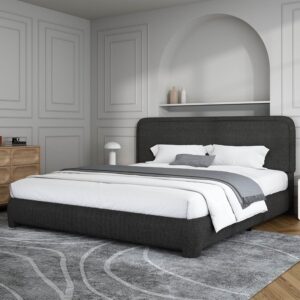 Upholstered California King Bed/Soft Rounded Corners Headboard/Low Profile Bed Frame/No Box Spring Needed/Non-Slip and Noise-Free/Black