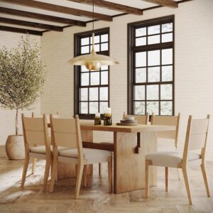 Modern Dining Set for 6, Wood Farmhouse Dining Table and 4 Upholstered Dining Chairs with Seagrass Back and Solid Wood Frame