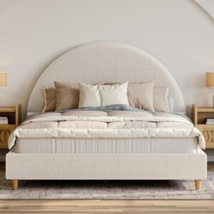 Cloud Bed Frame with Arch Shaped Headboard, Upholstered in Soft Fabric, Platform Bed Frame with Solid Wood Legs - Boho or Modern Style - No Box Spring Needed - Queen Size