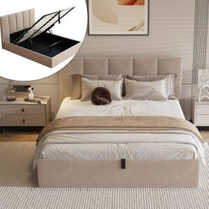 King Size Upholstered Lift-Up Storage Bed, Beige Linen-Look Fabric Bed Frame with Vertical Panel Headboard, Hydraulic Lift Storage, Wooden Slat Support, No Box Spring Needed