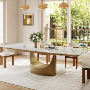 Modern Extendable Dining Room Table - 63" to 94.5" Extendable Dining Room Table for 6-12, White Sintered Stone Top with Golden Metal Base, Easy Assembly (Kitchen Table Only)