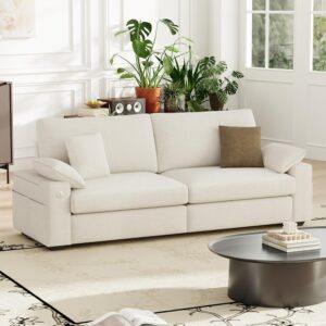 89" Loveseat Sofa, Cloud Foam Couch, 3 Seater Upholstered Midcentury Mondern Love Seat with USB Type C Ports, 4 Pillows and Storage Armrest for Living Room/Small Spaces, Beige