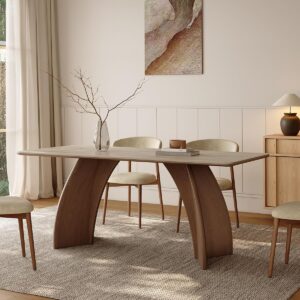 71" Sintered Stone Dining Table for 6, Rectangular Kitchen Table with Solid Wood Pedestal, Luxury Mid Century Modern Dinner Table for Dining Room