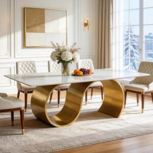 79" Sintered Stone Dining Table for 6-8, Luxury Rectangular Kitchen Table with Stainless Steel Base, Large Stone Dining Room Table for Living Room, White and Gold