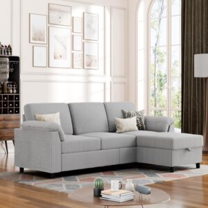 Convertible Sectional Couches Sofa, 3 Seat L Shaped Sofa with Removable Pillows Soft Corduroy Fabric Small Couch Mid Century for Living Room, Bed Room, Apartment and Office (Light Grey)