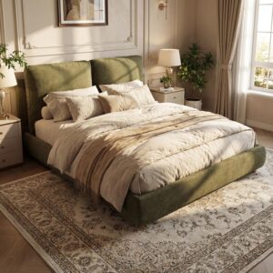 Queen Size  Fabric Upholstered Platform Bed with Two Removable Pillow Headboard, Wood Bed Frame with Solid Round Legs for Kids Teens Adults, Olive Green