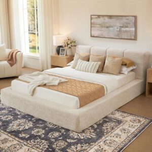 Cloud Queen Bed Frame with 9'' Headboard, 6.3'' Thick Bed Frame with  Fabric Upholstered, Modern Floor-Standing All Foam Platform Support, Tool-Free Assembly, No Box Spring Needed, Cream