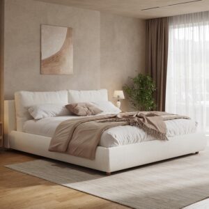 King Size  Fabric Upholstered Platform Bed with Two Removable Pillow Headboard, Wood Bed Frame with Solid Round Legs for Kids Teens Adults, White