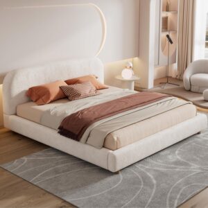 King Size Teddy Fleece Thick Fabric Upholstered Platform Bed with Curved Shaped Headboard, Wood Bed Frame with Solid Round Legs for Kids Teens Adults, White