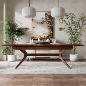 102" Mid-Century Modern Solid Wood  Extendable Dining Table with Steel Support, Walnut Finish, Seats 6–8