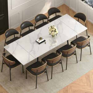 62.9"-94.4" Modern Extendable Dining Table for 6 to 10 Seats, Rectangular Sintered Stone Table with High Hardness and Easy Maintenance for Dining Room Family Gathering, White Top