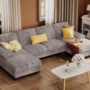Sectional Couches for Living Room, U-Shaped Sofa Couch with Linen Fabric, 4 Seat Sofa Set with Double Chaise for Apartment (Fabric, Grey)